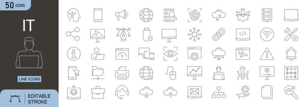 Information Technology icons set. Includes icons for computer, cloud storage, server, coding, network, cyber security, and software development. Editable stroke. Line icons. Perfect for  infographics.