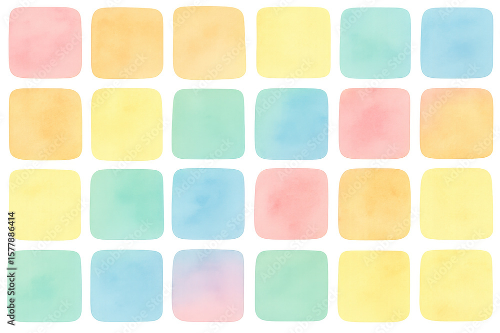 Poster pastel watercolor squares creating soft-edged color palette, translucent background blending artisti