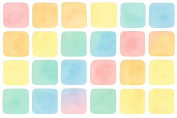 Pastel watercolor squares creating soft-edged color palette, translucent background blending artistic tones and gentle geometric forms