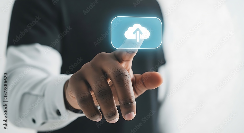 Poster a person's hand interacts with a glowing cloud icon, suggesting a digital upload or data transfer pr
