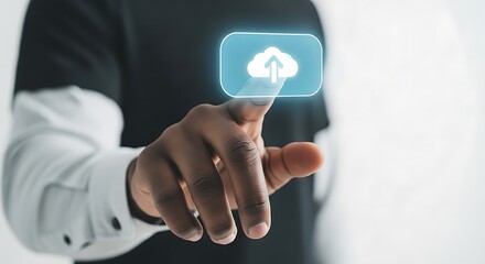 A person's hand interacts with a glowing cloud icon, suggesting a digital upload or data transfer process.
