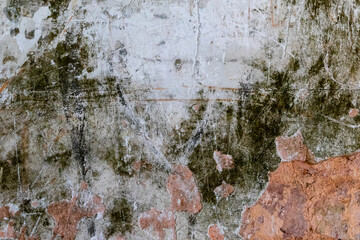 Distressed wall texture displays an aged concrete surface with mold, decay, and peeling paint...