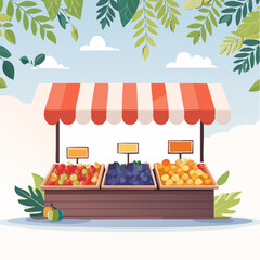 Colorful Fruit Stand with Striped Awning and Leafy Accents Illustration