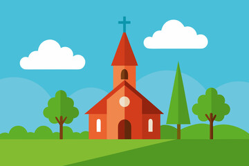 Naklejka premium Flat design illustration of a charming church with a steeple and cross on a sunny day