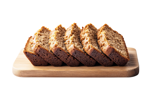 he image appears to be a high-resolution photograph of a sliced banana bread placed on a wooden board against a white isolated on a transparent background in PNG format.