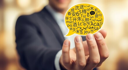 A person in a suit holding a speech bubble filled with various international languages.