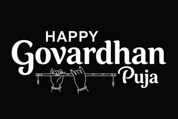 Obraz premium Happy Govardhan Puja Typography with Krishna Flute and Hand Silhouette Vector Design .