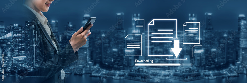 Poster visual representation of digital document downloading, showing file transfer, data access, and progr