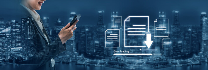 Visual representation of digital document downloading, showing file transfer, data access, and...