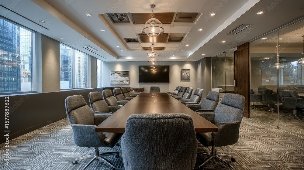 Poster sleek office boardroom with a high-definition projector setup and symmetrical chairs aligned around 