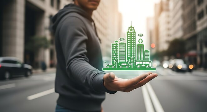 A person holds a holographic representation of a city, suggesting urban planning or sustainable development.