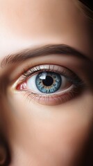 Natural human blue eye with black pupil and even eyebrow on white background. Concept of providing services on human health