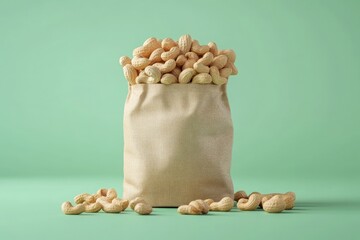 A realistic vertical packaging bag product photo model, filled with cashew