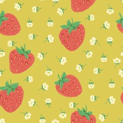 Seamless pattern with hand-drawn strawberries and small white flowers on an apple green background. Perfect for summer textiles, packaging, wrapping, digital prints, and surface decoration