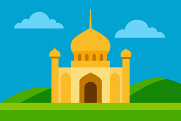 Stylized islamic mosque with golden dome and minarets under a blue sky