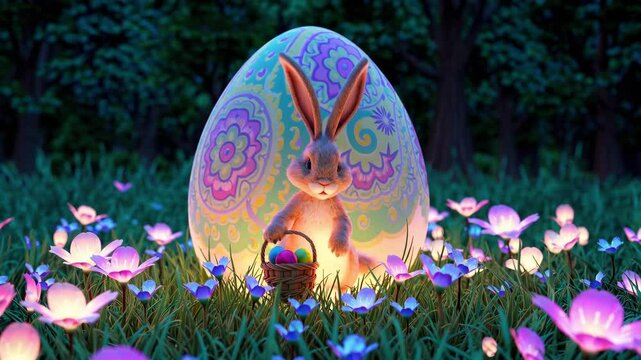 Whimsical Easter bunny sitting on a giant decorated egg in the middle of a magical meadow filled with glowing flowers