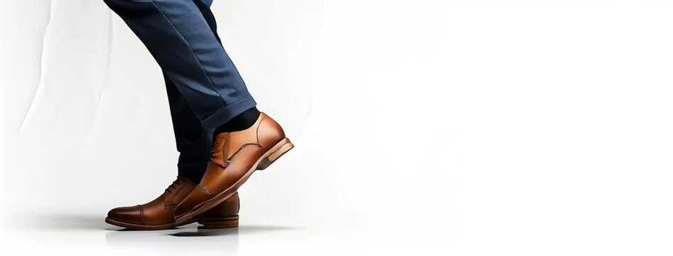 closeup side angle video with only legs of a professional businessman wearing brown colour leather shoes and blue color trouser walking in white background with copy space 