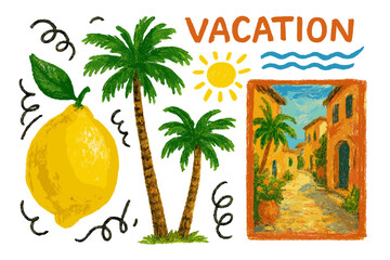 Colorful vacation illustration featuring tropical palm trees, vibrant sun, and a lemon hinting at a summer getaway