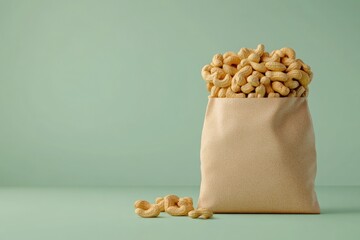 A realistic vertical packaging bag product photo model, filled with cashew