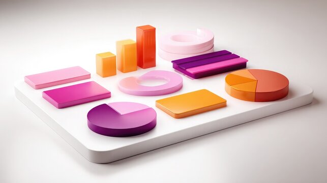 Colorful chart elements floating on a white D background in abstract infographic style