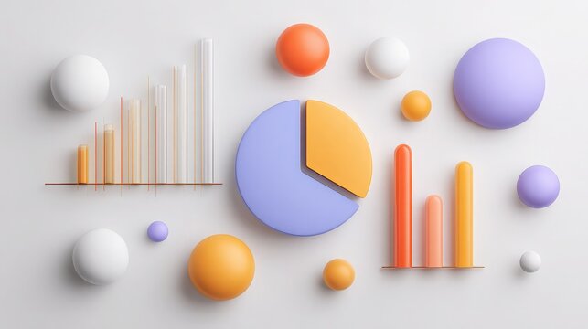 Colorful chart elements floating on a white D background in abstract infographic style