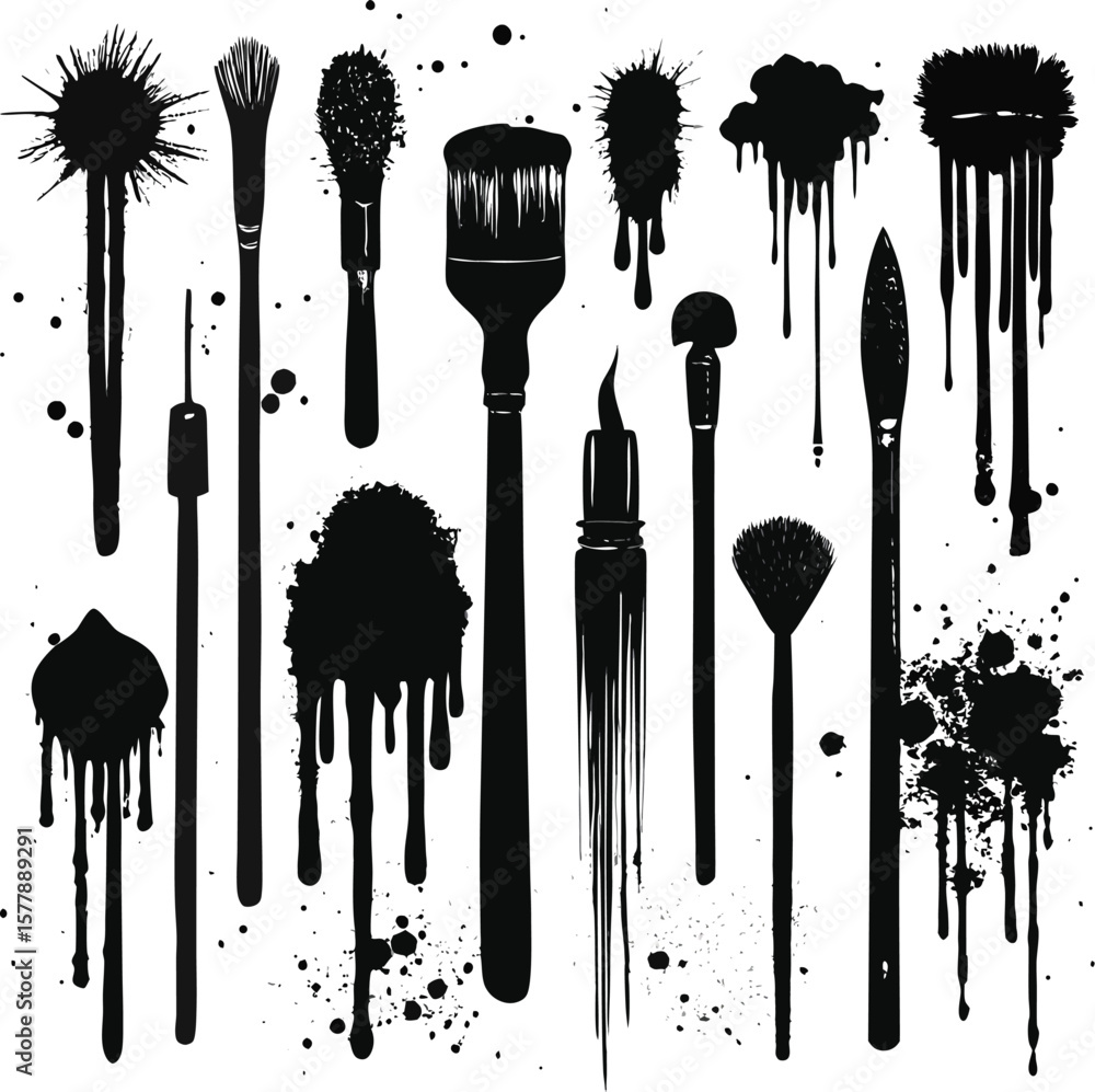 Poster set of black ink blots and paint splashes with vector design in black and white style