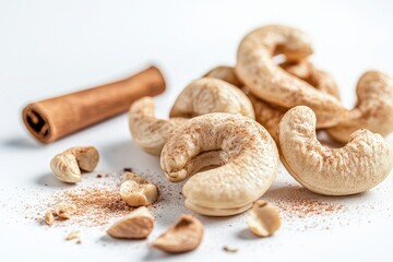 a showcase of a few cashew nuts with pieces of cinnamon