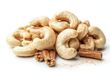 a showcase of a few cashew nuts with pieces of cinnamon