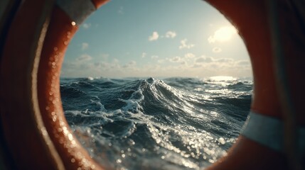 Lifeboat seen from porthole with sparkling ocean waves glistening in sunlight