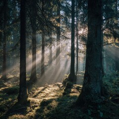 Fototapeta premium Breathtaking summer forest landscape illuminated by sunset rays Generative AI