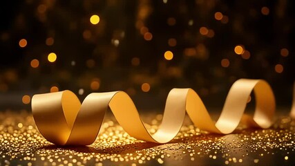 Elegant gold ribbon gracefully curves against a backdrop of shimmering bokeh lights, perfect for luxury and festive themes. - Powered by Adobe