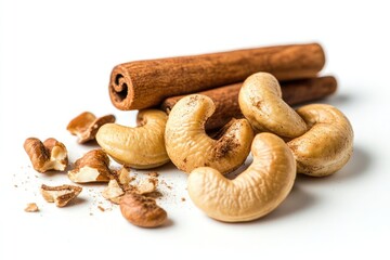 a showcase of a few cashew nuts with pieces of cinnamon