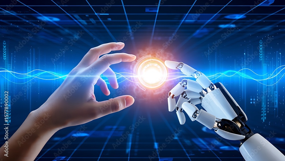 Aufkleber human and robot collaboration in a futuristic digital world, bridging the gap between humanity and a