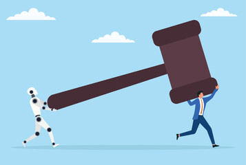 Vector illustration of a businessman and robot carrying a large judge&rsquo;s hammer, symbolizing the collaboration between humans and ai in justice, ethics, and responsible governance
