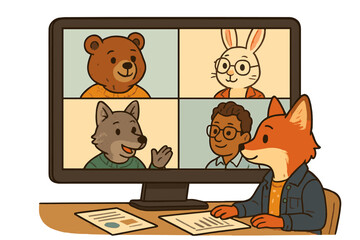 Virtual meeting featuring animal avatars engaging in discussion and collaboration during a creative project