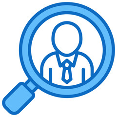 Talent Search Blue Fill Outline Design Vector Icon - Magnifying glass on person, representing recruitment, headhunting, or candidate screening