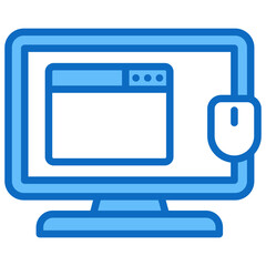 Web Interface Blue Fill Outline Design Vector Icon - Computer screen with browser layout and mouse, symbolizing user interface or web-based tools