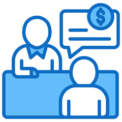 Client Meeting Blue Fill Outline Design Vector Icon - Two people discussing with financial speech bubble, illustrating business or client meeting