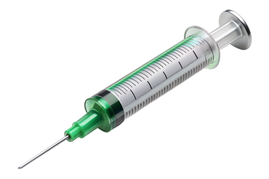 A green and transparent syringe with a needle is isolated on transparent background, ready for a medical injection