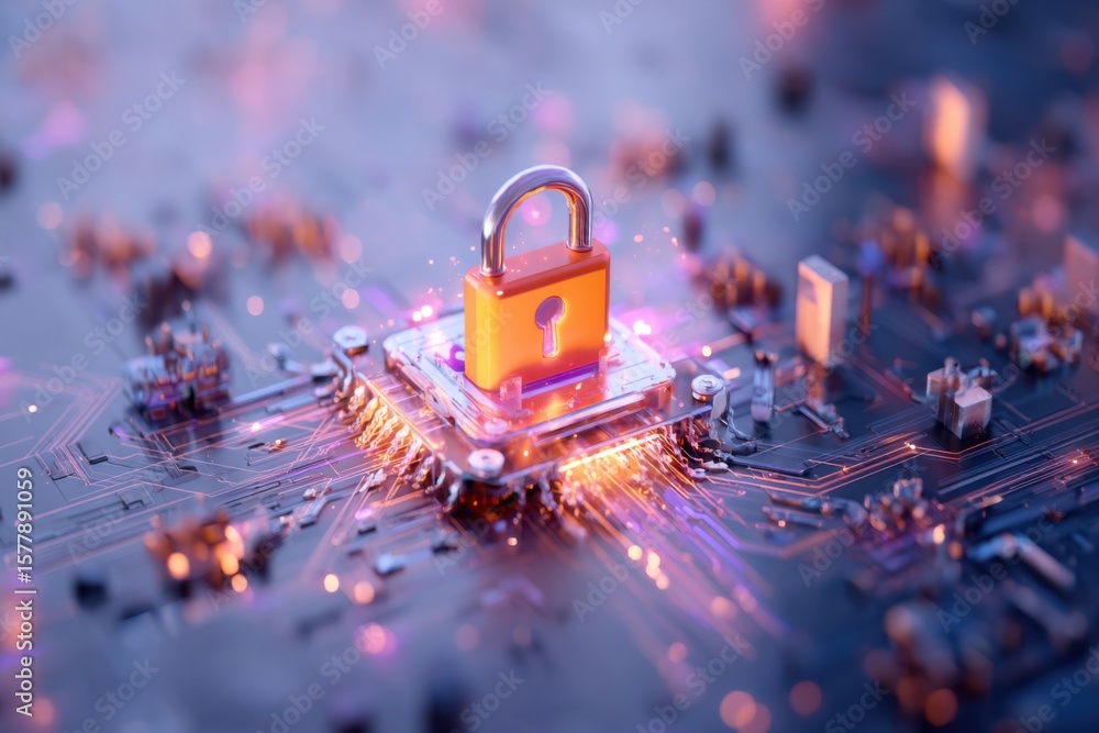 Poster a glowing padlock symbolizing cybersecurity sits on a complex microchip circuit board with vibrant b
