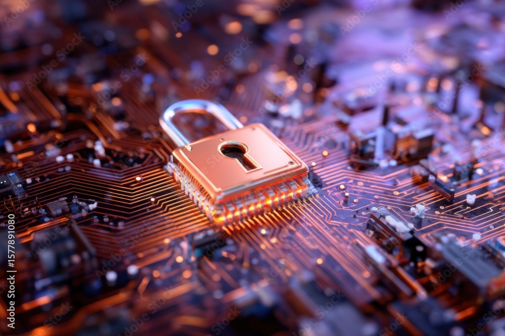 Poster a metallic padlock rests on a complex circuit board, symbolizing cybersecurity and data protection i