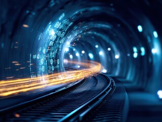 A futuristic railway tunnel with glowing binary code and light trails symbolizing high-speed data or digital technology integration.