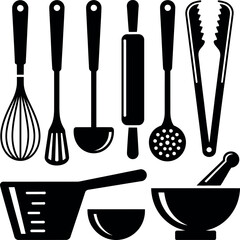 Black and White Vector Illustration of Essential Kitchen Utensils for Cooking and Baking on White Background Perfect for Culinary Designs