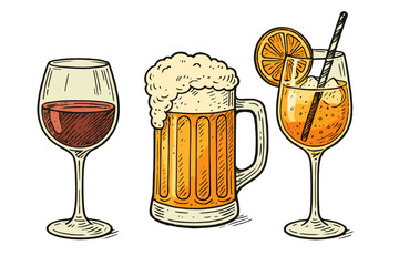 Selection of beverages including wine, beer, and a cocktail in a casual dining setting during evening hours