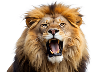A ferocious lion roaring with its mouth open, isolated on transparent background, showcasing its powerful presence