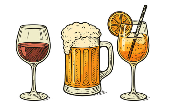 Selection of beverages including wine, beer, and a cocktail in a casual dining setting during evening hours