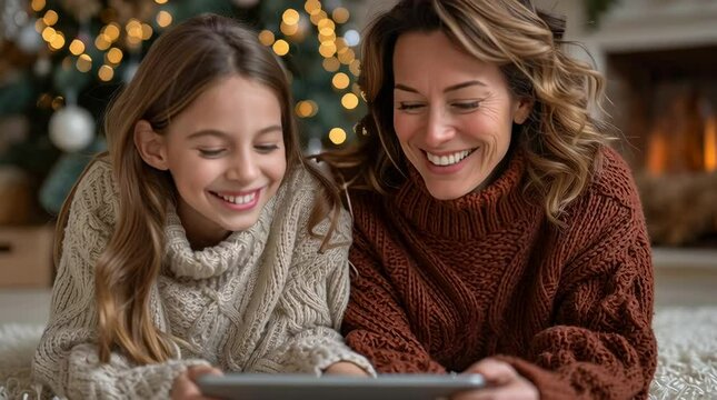 Smiling mother and daughter lie on the rug near a Christmas tree, looking at a tablet. They are wearing cozy sweaters. The holiday season provides a setting for family bondin