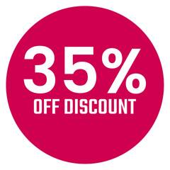 Red thirty five 35% percent sale discount badge. Round shape red circle sticker on glasses showcase. isolated on white background.
