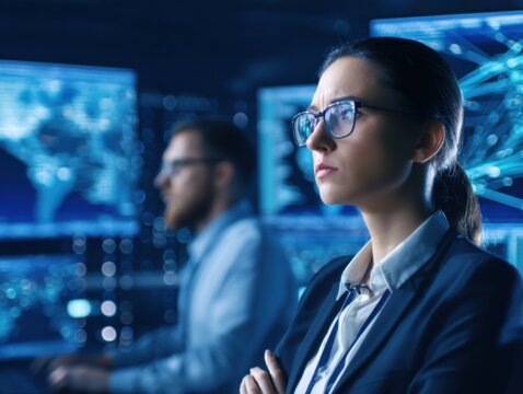 A confident woman in glasses and business attire analyzes digital data on multiple screens in a dark, high-tech workspace alongside a focused male colleague.