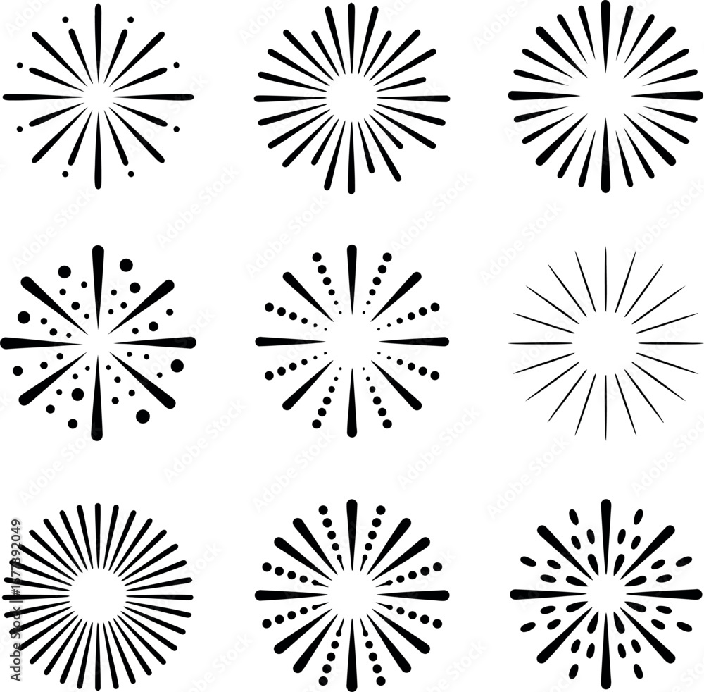 Poster set of nine black and white sunburst design elements with varying line thickness and dot patterns fo